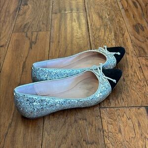 Kate Spade Silver Glitter Flats with Black Toe